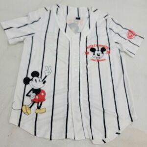 Disney Mickey Mouse White Pinstripe Baseball Jersey Shirt Small Flaw